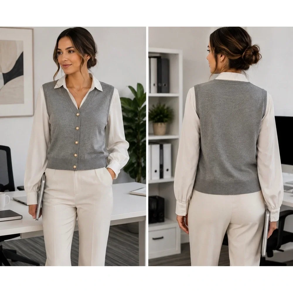 Adrianna Papell Mixed Media Cardigan Grey Knit White Chiffon Sleeve Pearl Button
